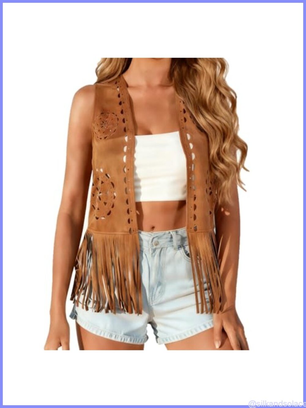 Women Faux Suede Fringe Vest 70s Hippie